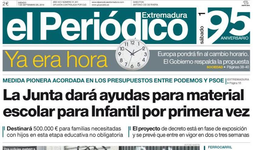 Esta es la portada de EL PERIÓDICO EXTREMADURA correspondiente al día 1 de septiembre del 2018