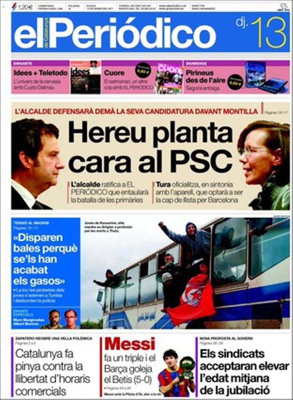 EL PERIÓDICO també ressalta a les pàgines interiors que el rastre de les burilles a les voreres confirma la vigència de la llei antitabac, que el Govern mediarà en el conflicte entre la Universitat de Barcelona i el seu consell social i que el manteniment de lasetmana blancaalleuja pares i docents. També que els sindicats es plantegen endarrerir la jubilació anticipada als 63 anys, que el 70% de la plantilla de Nissan accepta la congelació salarial, que la tornada de Lluís Pasqual al Teatre Lliure obre un any teatral mogut a Barcelona i que s’anuncia el rodatge d’un altre film sobre James Bond, el 23. També que l’avi de Messi revela a l’Argentina que el crac ha trencat amb la seva nòvia, Antonella Rocuzzo.