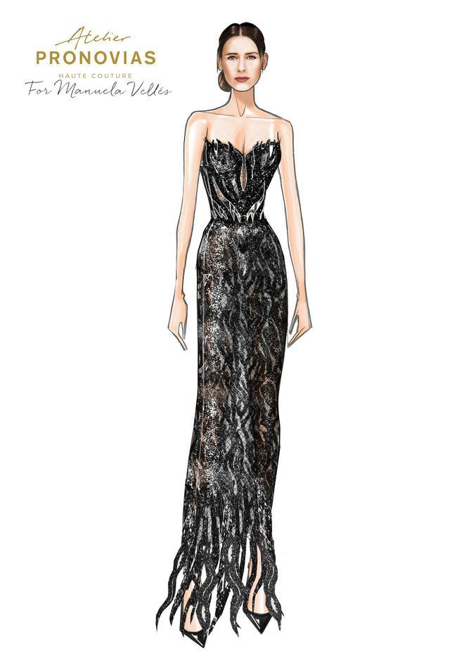 Boceto del vestido de Atelier Pronovias que Manuela Vellés ha llevado a los Premios Oscar 2024