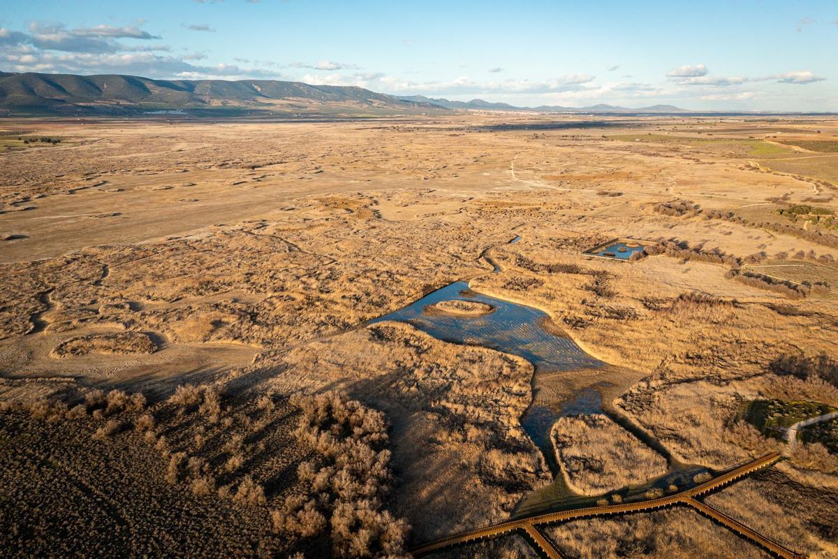 Las Tablas de Daimiel, devastadas por la sequía, a vista de dron.