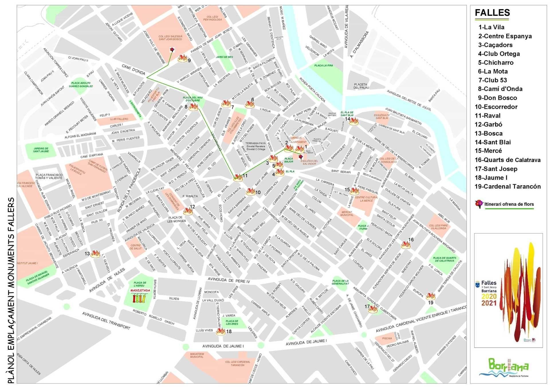 Plano con la ubicación de los monumentos falleros de las 19 comisiones.