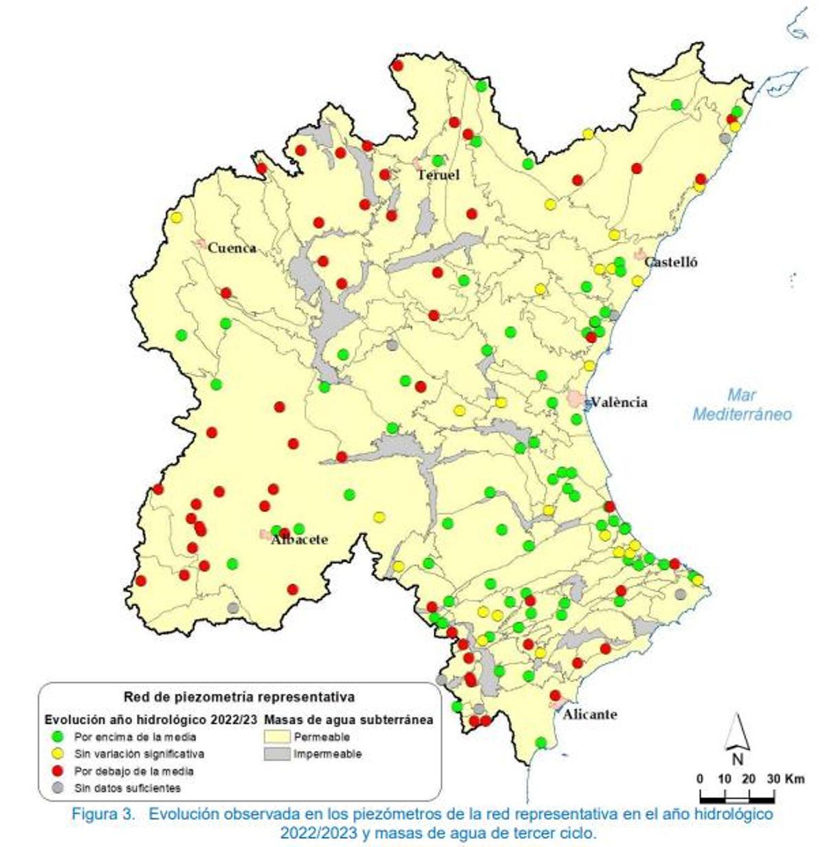 Situación de los piezómetros en la demarcación del Júcar (2022-2023).