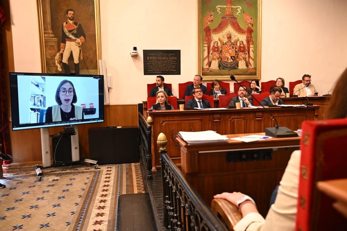 En el salón de plenos los ediles veían por un televisor a la portavoz de Compromís en sus intervenciones