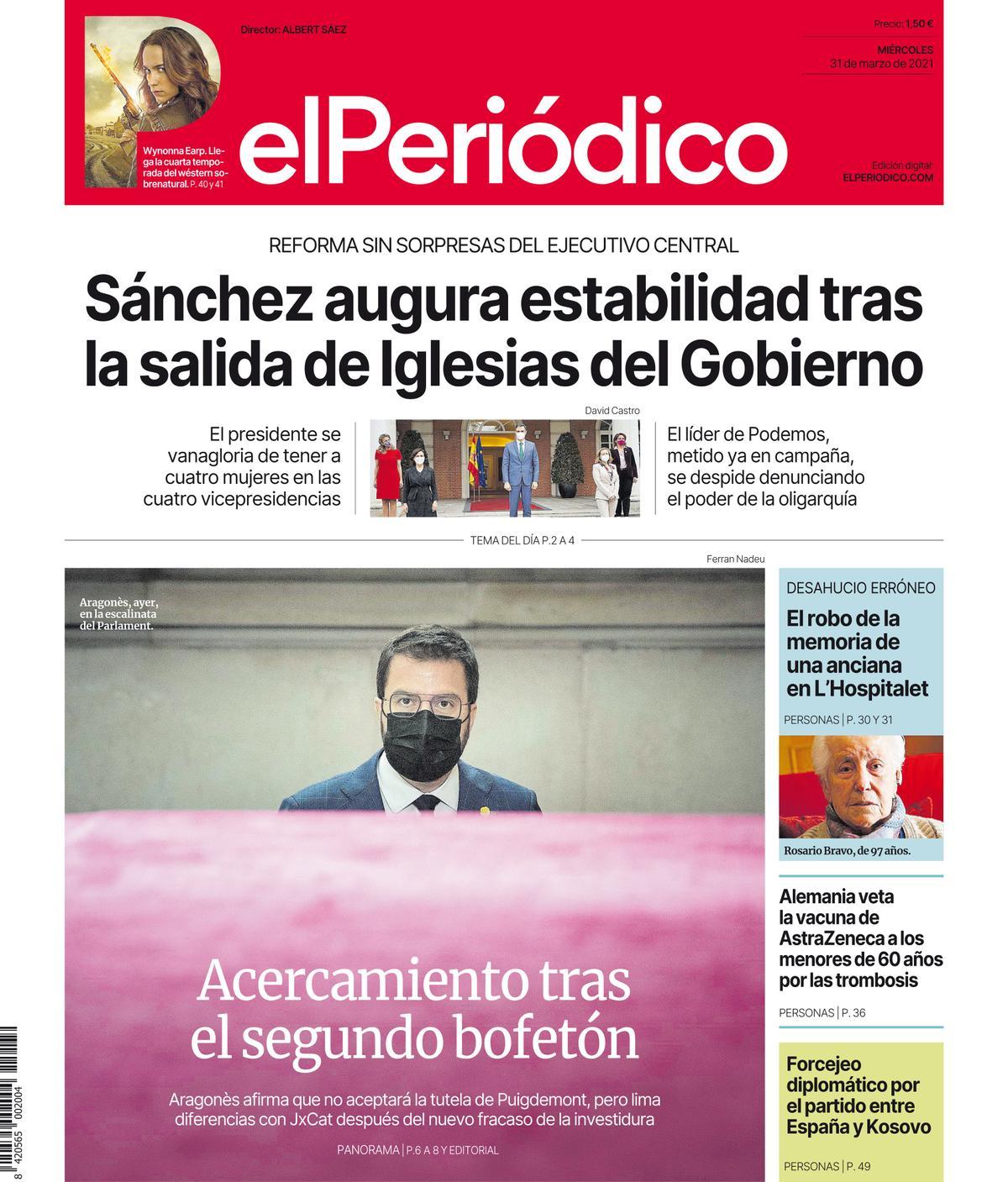 La portada d’EL PERIÓDICO del 31 de març del 2021