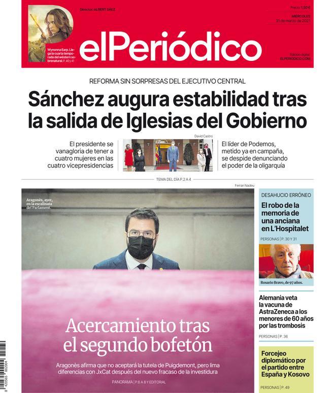 La portada d’EL PERIÓDICO del 31 de març del 2021