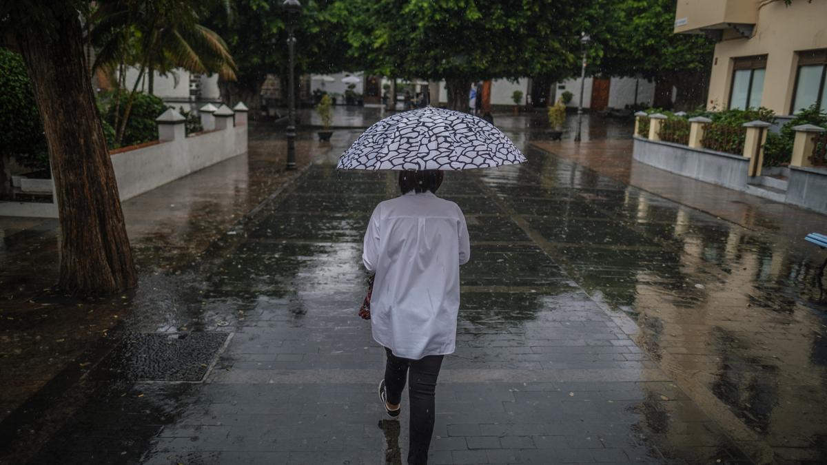 Una mujer pasea durante un día de lluvia en Tenerife.