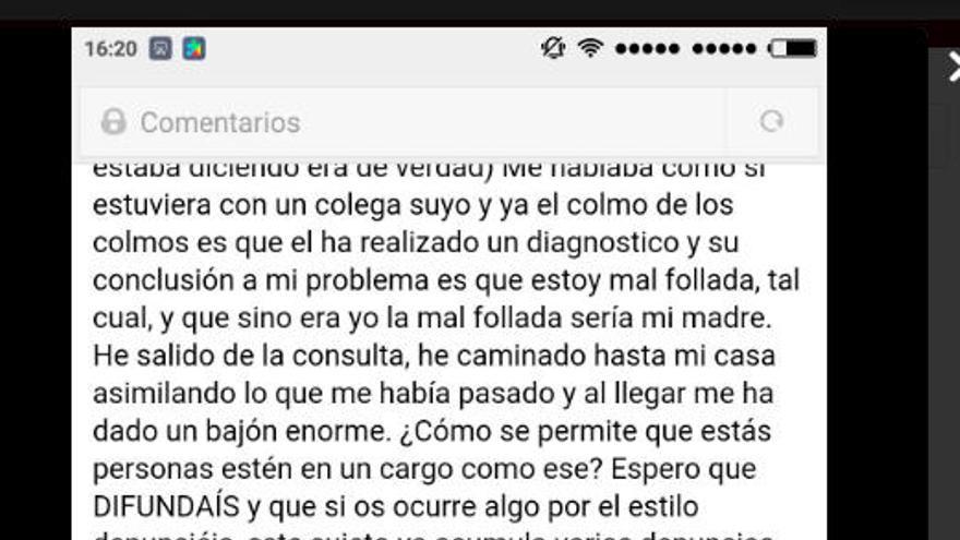 Parte de la denuncia que la paciente colgó en su facebook.