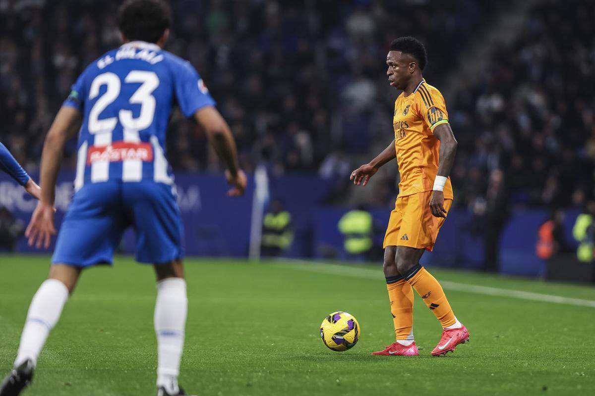 Vinicius Junior of Real Madrid in action during the Spanish league, La Liga EA Sports, football match played between RCD Espanyol and Real Madrid at RCDE Stadium on February 01, 2025 in Cornella, Barcelona, Spain. AFP7 01/02/2025 ONLY FOR USE IN SPAIN. Javier Borrego / AFP7 / Europa Press;2025;Soccer;Sport;ZSOCCER;ZSPORT;RCD Espanyol v Real Madrid - La Liga EA Sports;