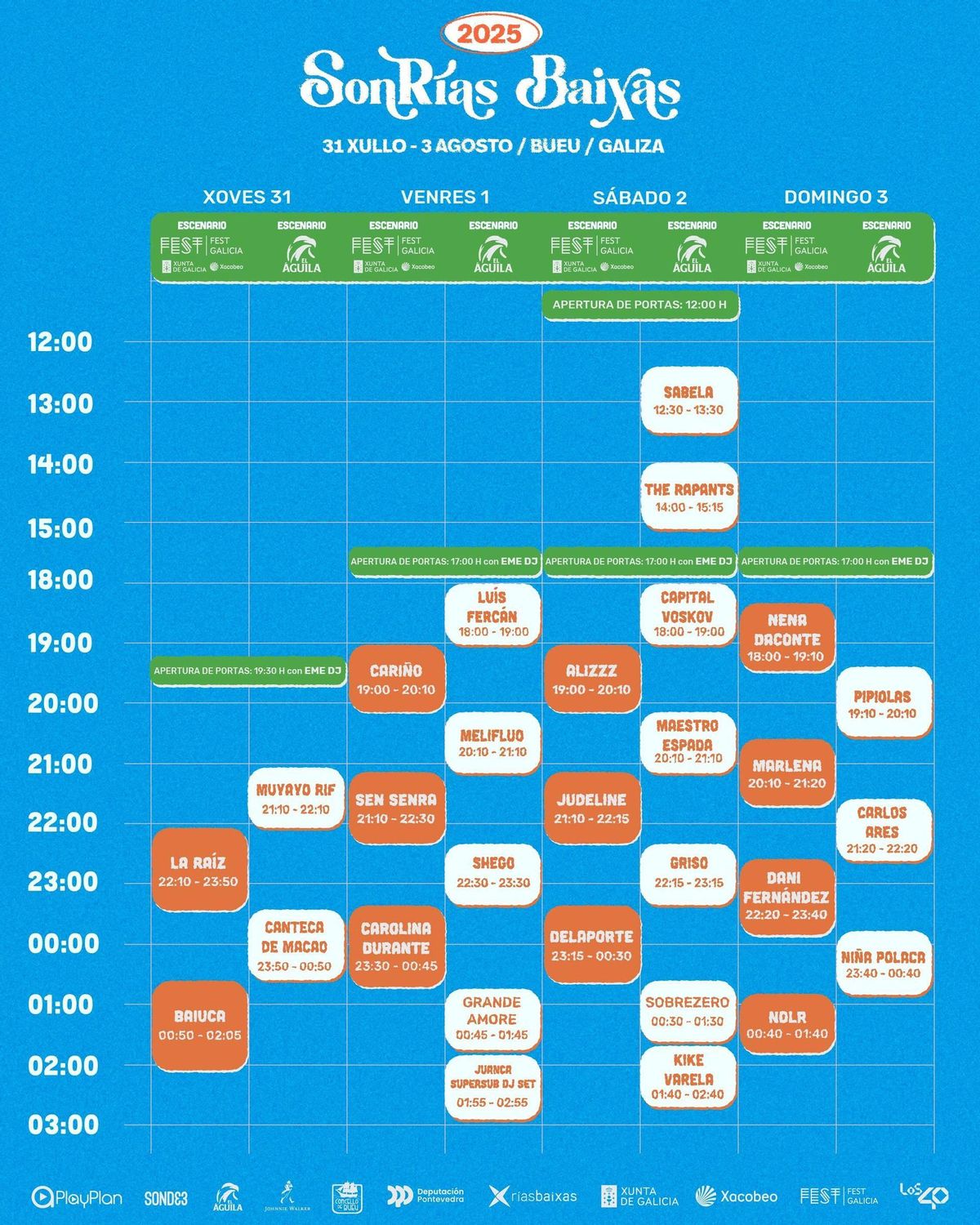 El cartel con la distribución de los conciertos por día y escenario en el Festival SonRías Baixas 2025.