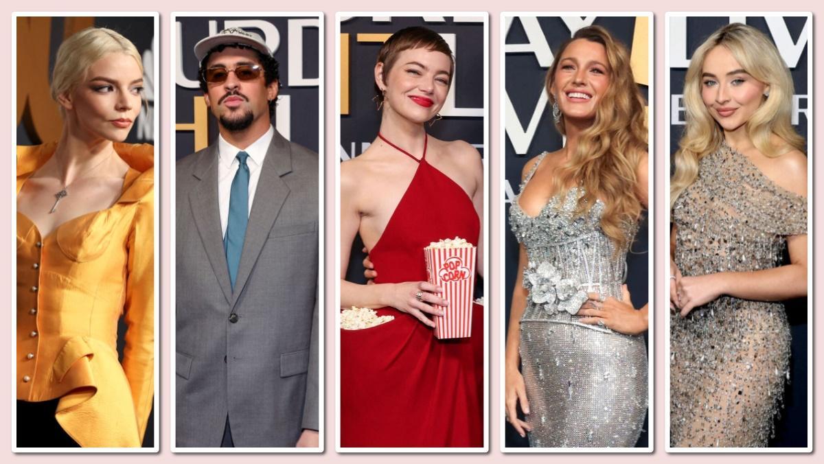 De izquierda a derecha, Anya Taylor-Joy, Bad Bunny, Emma Stone, Blake Lively y Sabrina Carpenter, en la alfombra roja del especial 'SNL50'.