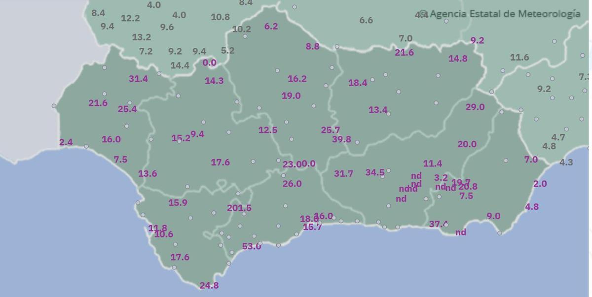 Mapa con los municipios en los que ha llovido más esta madrugada por la borrasca Leonardo según Aemet