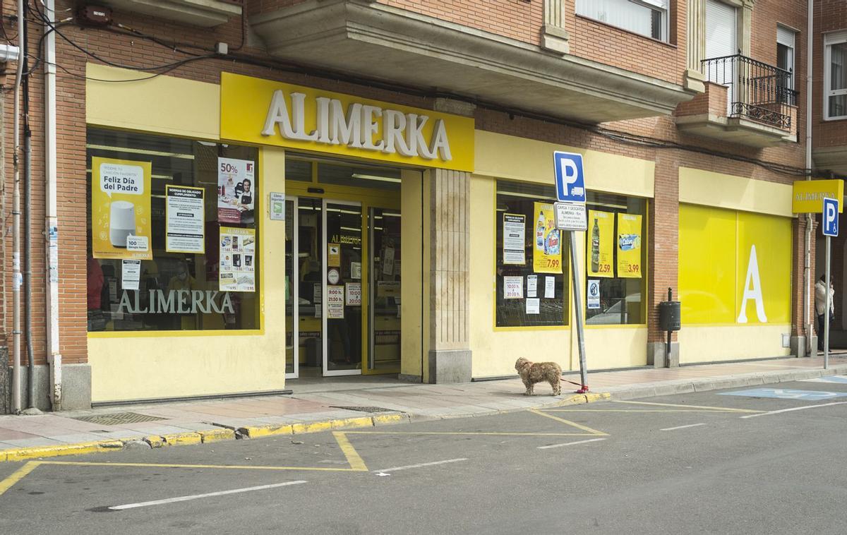 Un perro espera a su dueño atado a una señal en un supermercado durante la pandemia.
