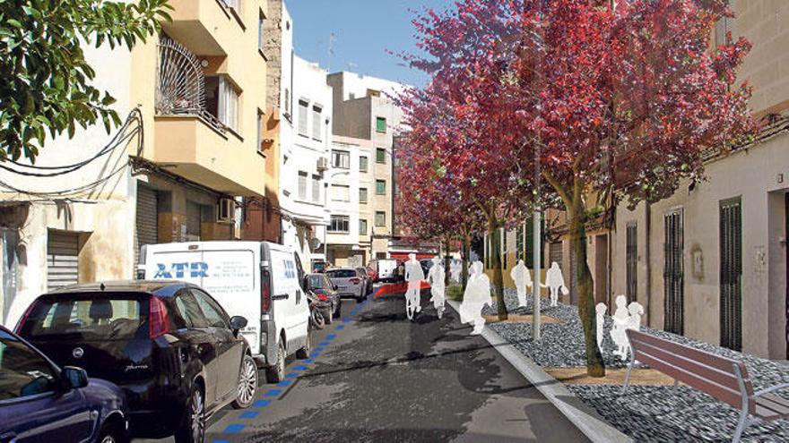 Recreación de cómo quedaría la calle de Pallarès, según la propuesta de Tomeu Duran. A la derecha, la franja cívica con bancos y árboles.