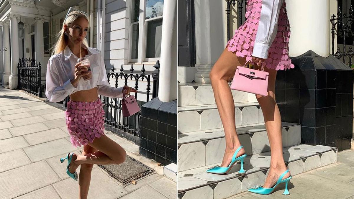 El look de la 'it girl' alemana Leonie Hanne con minifalda de lentejuelas rosas de Paco Rabanne