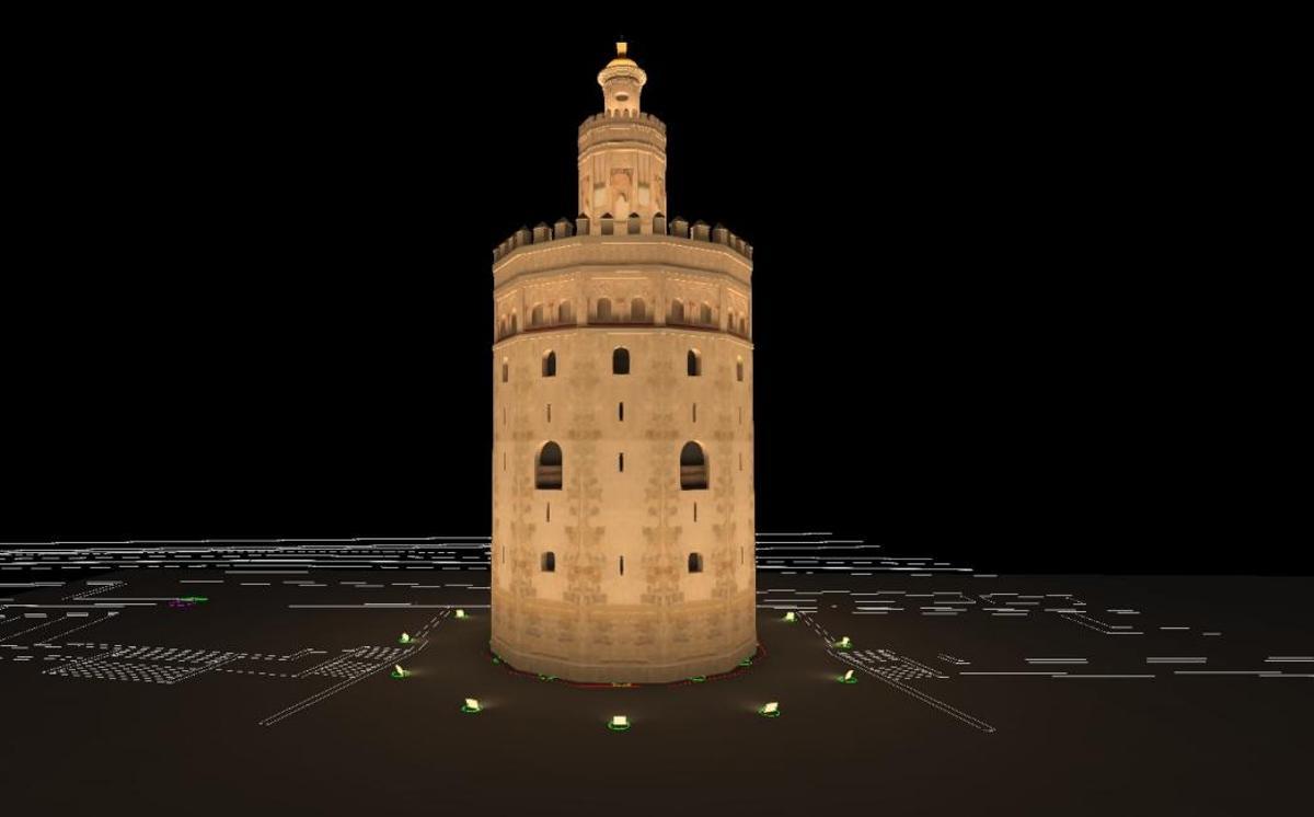Recreación de la nueva iluminación de la Torre del Oro de Sevilla