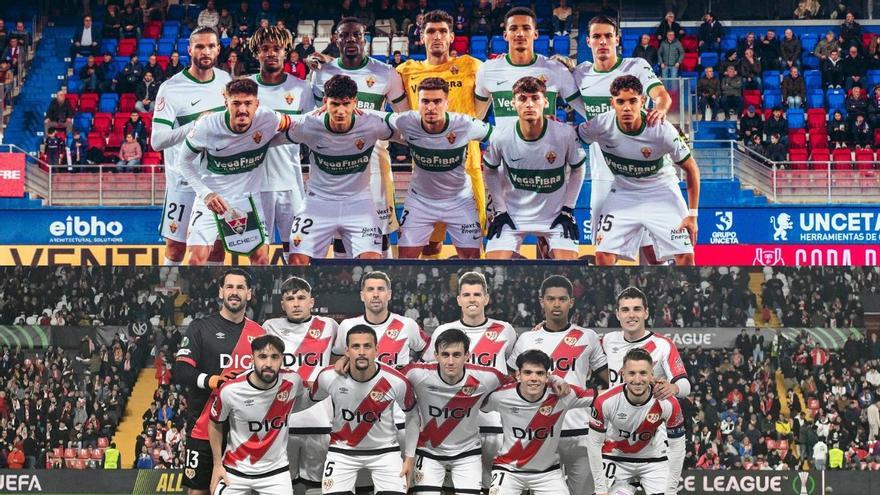 Arriba, el último once del Elche, y debajo, el último once del Rayo Vallecano.