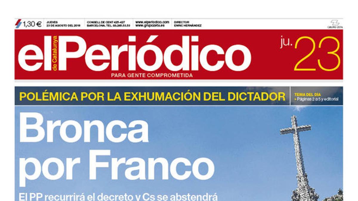 La portada de EL PERIÓDICO DE CATALUNYA del jueves, 23 de agosto del 2018