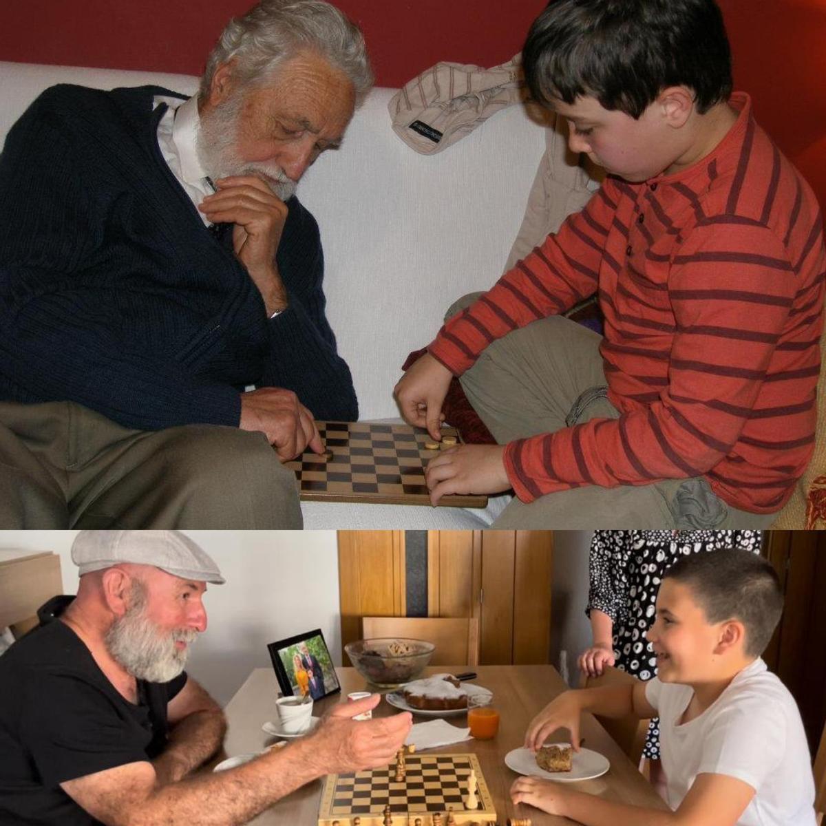 Arriba, don Miguel Garrido juega al ajedrez con su bisnieto, el hijo de Esther. Debajo, una escena parecida se ha reproducido en corto con los personajes de abuelo y nieto.