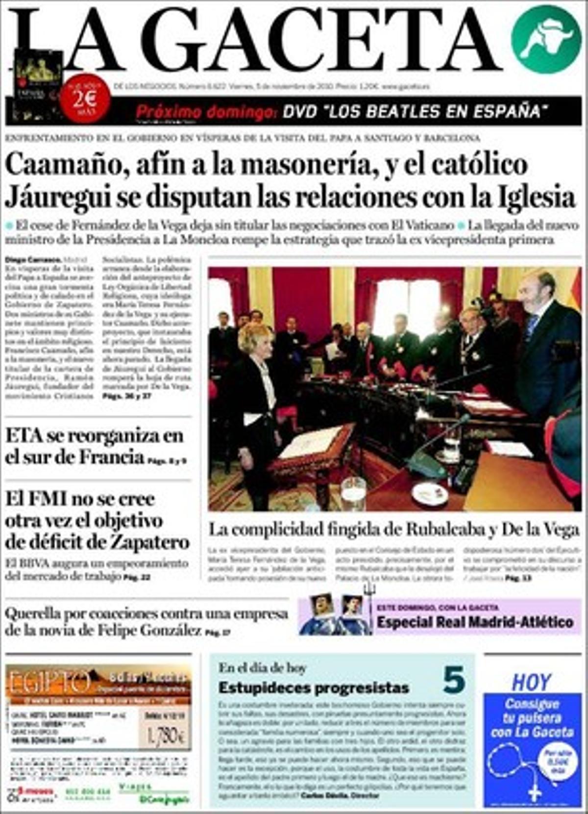 A les pàgines interiors ’La Gaceta’ dóna rellevància al fet que associacions de guàrdies civils es bolquen en el suport a la manifestació de dissabte a Madrid d’associacions de víctimes del terrorisme; i també destaca que els propietaris d’un restaurant del port de iots de luxe de Tarragona es querellen contra l’empresa de la nòvia de Felipe González.