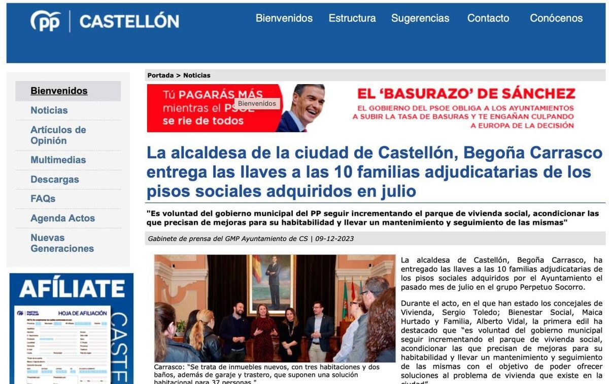 Noticia en la web del PP antes del pleno.