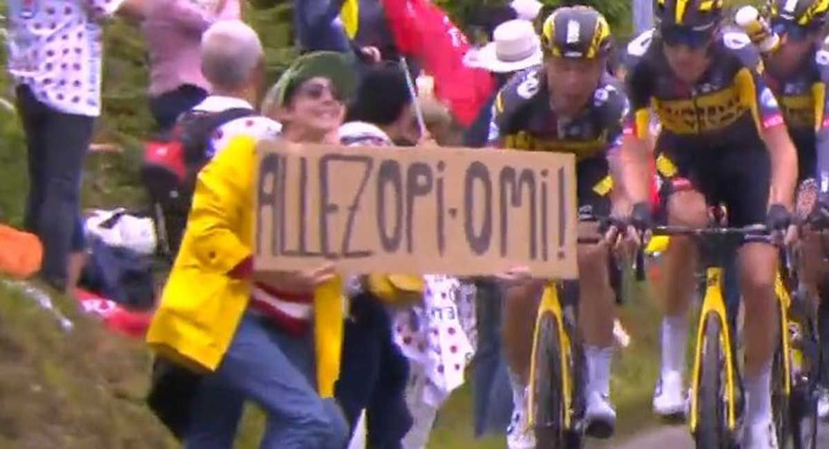 La mujer, con la pancarta, y a su izquierda el ciclista Tony Martin, que impacta contra ella.