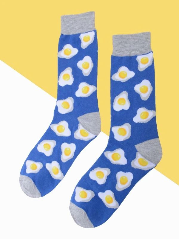 Calcetines azules y detalles en gris con estampado de huevo frito