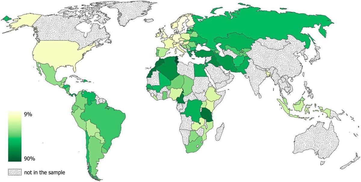 Mapa que refleja la prevalencia por países de las creencias de brujería en todo el mundo.