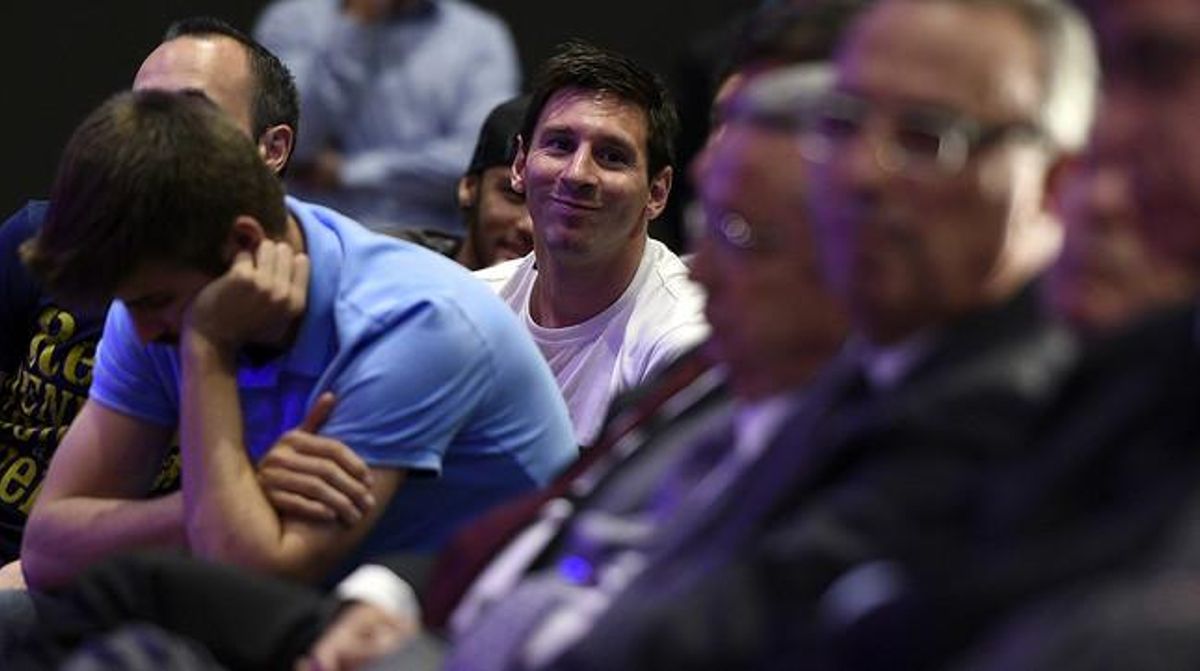 Leo Messi, durant l’acte d’homenatge a Carles Puyol.
