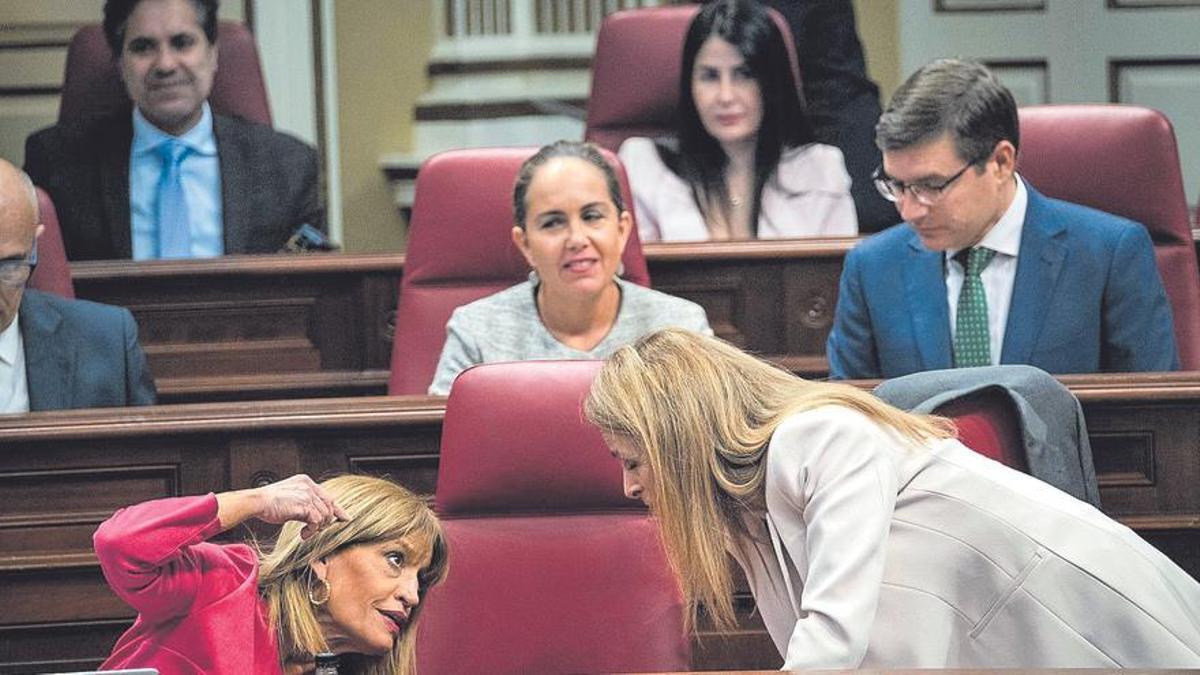 La ‘canarista’ Esther González habla con la popular Lus Reverón en presencia de diputados de Vox antes del inicio de una sesión plenaria.