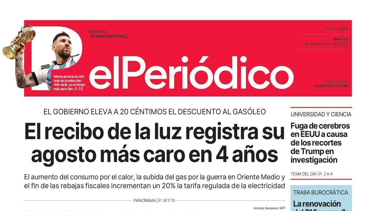 La portada de EL PERIÓDICO del 1 de septiembre de 2026