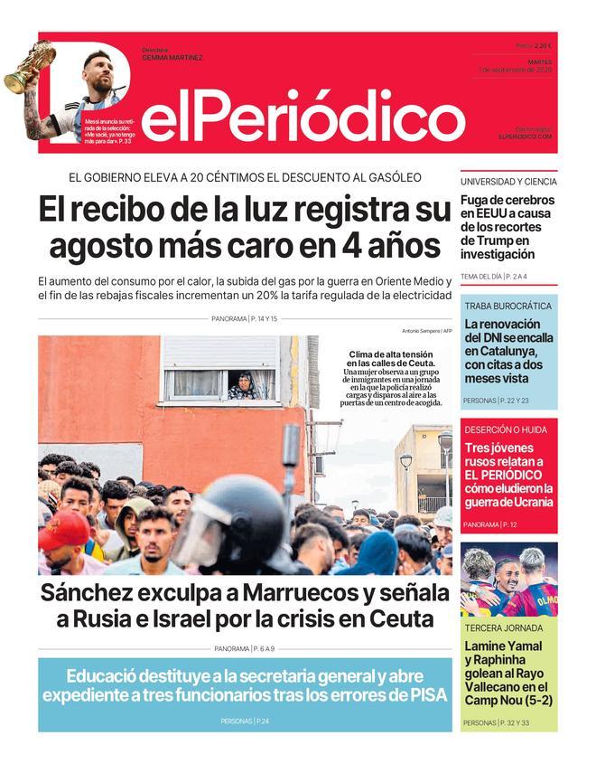 La portada de EL PERIÓDICO del 1 de septiembre de 2026