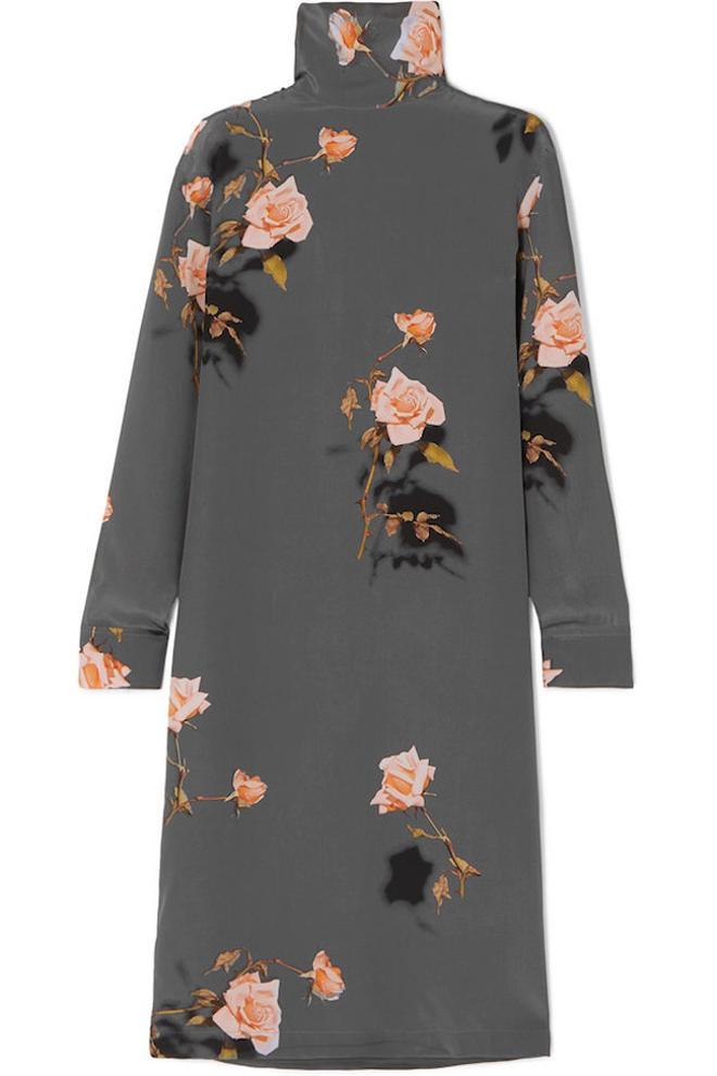 Vestido recto con cuello alto y estampado de rosas, de Dries Van Noten