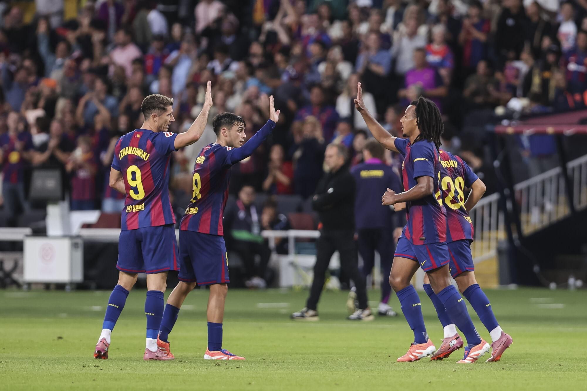 Jules Kounde of FC Barcelona celebrates a goal during the Spanish league, La Liga EA Sports, football match played between FC Barcelona and Real Sociedad at Estadi Olimpic Lluis Companys on September 28, 2025 in Barcelona, Spain. AFP7 28/09/2025 ONLY FOR USE IN SPAIN. Javier Borrego / AFP7 / Europa Press;2025;SPORT;ZSPORT;SOCCER;ZSOCCER;FC Barcelona v Real Sociedad - La Liga EA Sports;