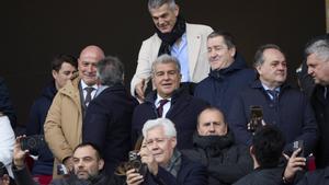 Joan Laporta en el palco del Estadi Olmpic de Montju?c durante el Bar?a-Real Sociedad de LaLiga 2024/25