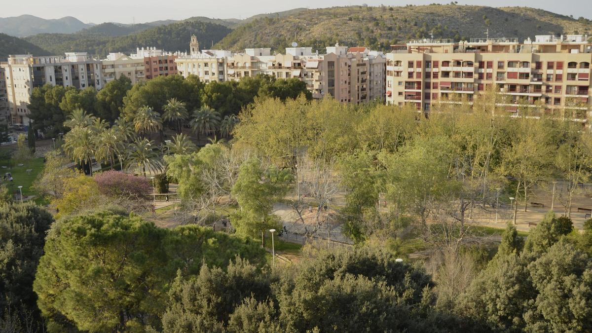 El parque de Sant Pere de Gandia, una de las grandes áreas verdes de la ciudad, con edificios de viviendas al fondo.