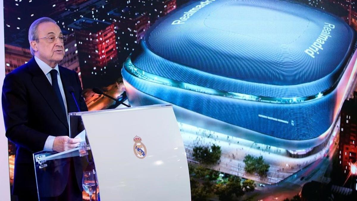 Florentino Pérez, el presidente del Madrid, durante el acto de presentación de la remodelación del Bernabéu.