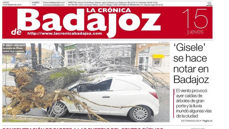 Esta es la portada de LA CRÓNICA DE BADAJOZ correspondiente al día 15 de marzo del 2018