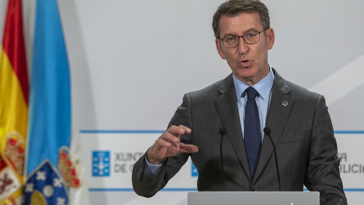 El presidente de la Xunta, Alberto Núñez Feijóo, durante la rueda de prensa posterior al Consello.