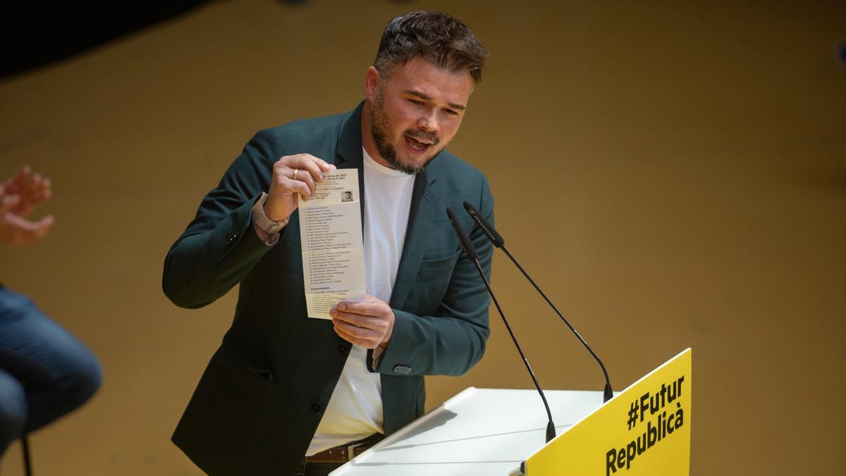 El portavoz de ERC en el Congreso, Gabriel Rufián durante un acto de la última campaña electoral.