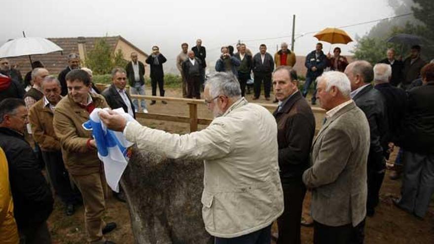 El alcalde accidental, Carlos Pazos, descubre la placa inaugural de la senda, ayer en Reboreda.