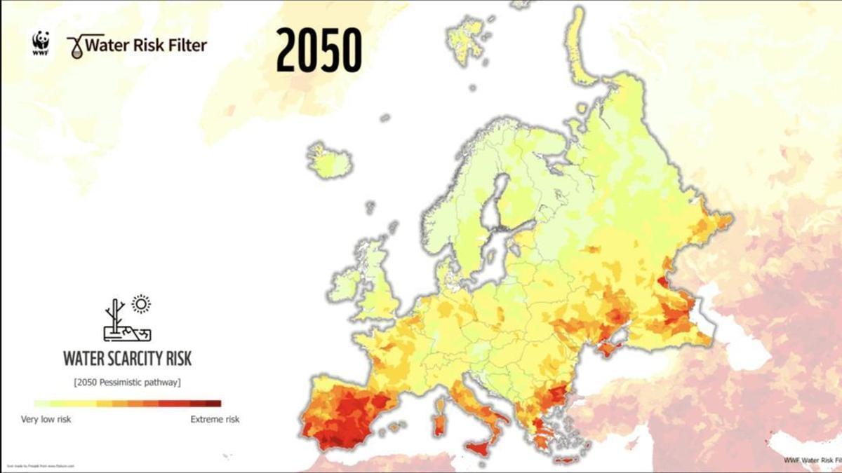 Riesgo de estrés hídrico en Europa en 2050.