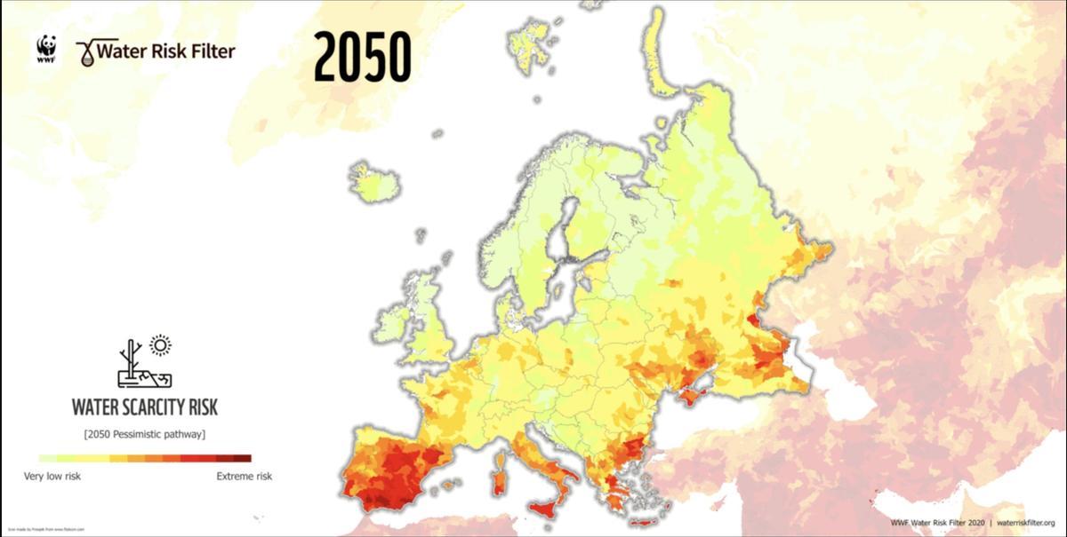 Riesgo de estrés hídrico en Europa en 2050.