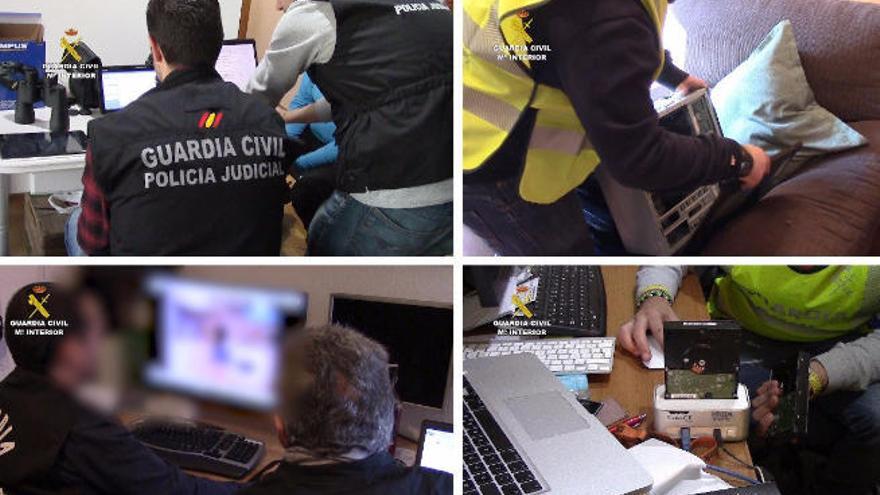 Combo de fotos sobre el trabajo de la Guardia Civil contra la pornografía.