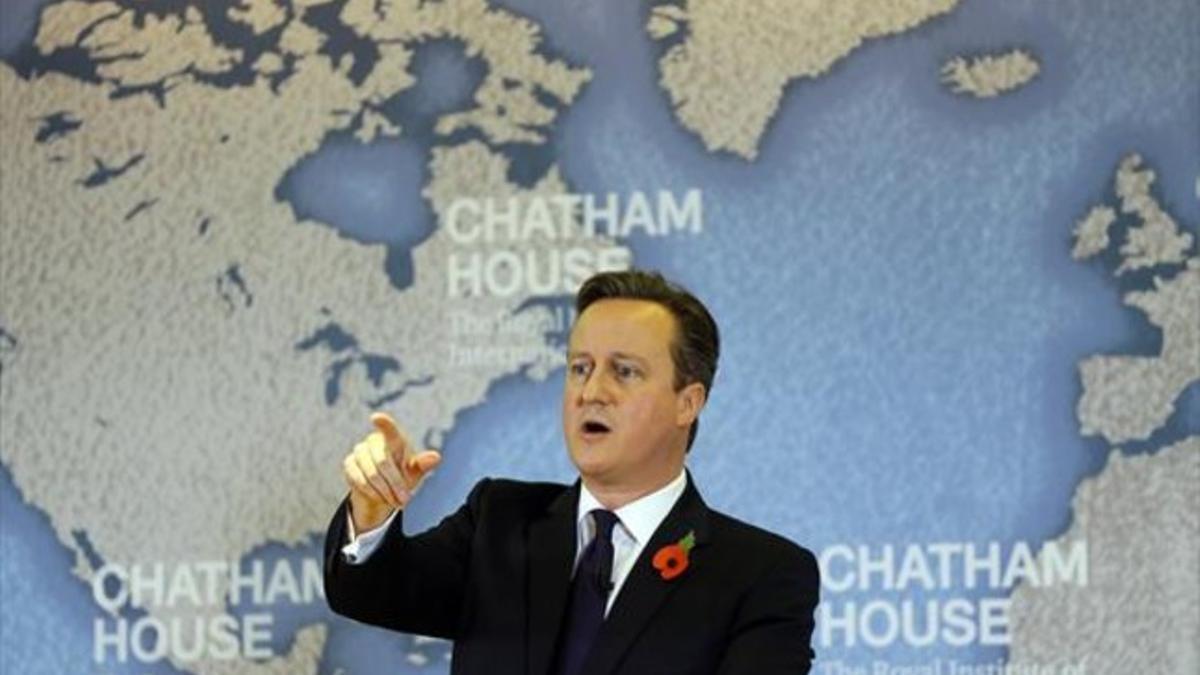 El primer ministro británico, David Cameron, durante su intervención en la londinense Chatham House.