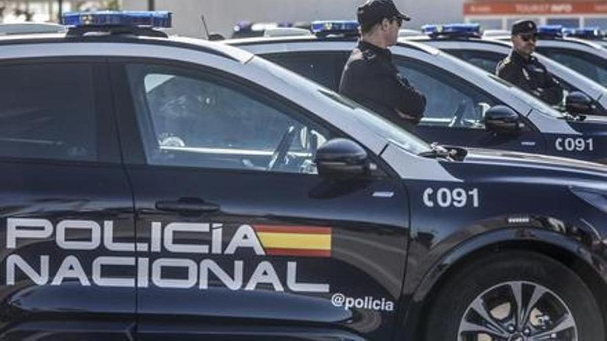 Agentes de la Policía Nacional junto a sus coches patrulla.