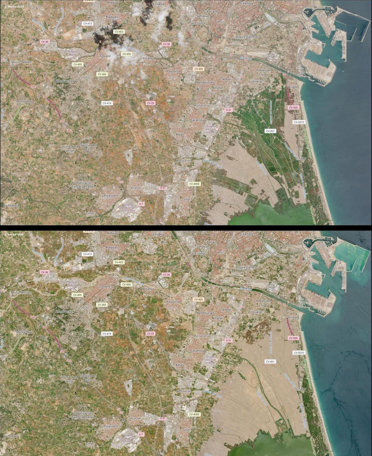 Imágenes satélites de la zona de l'Horta de mayo de 2024 y mayo de 2025.