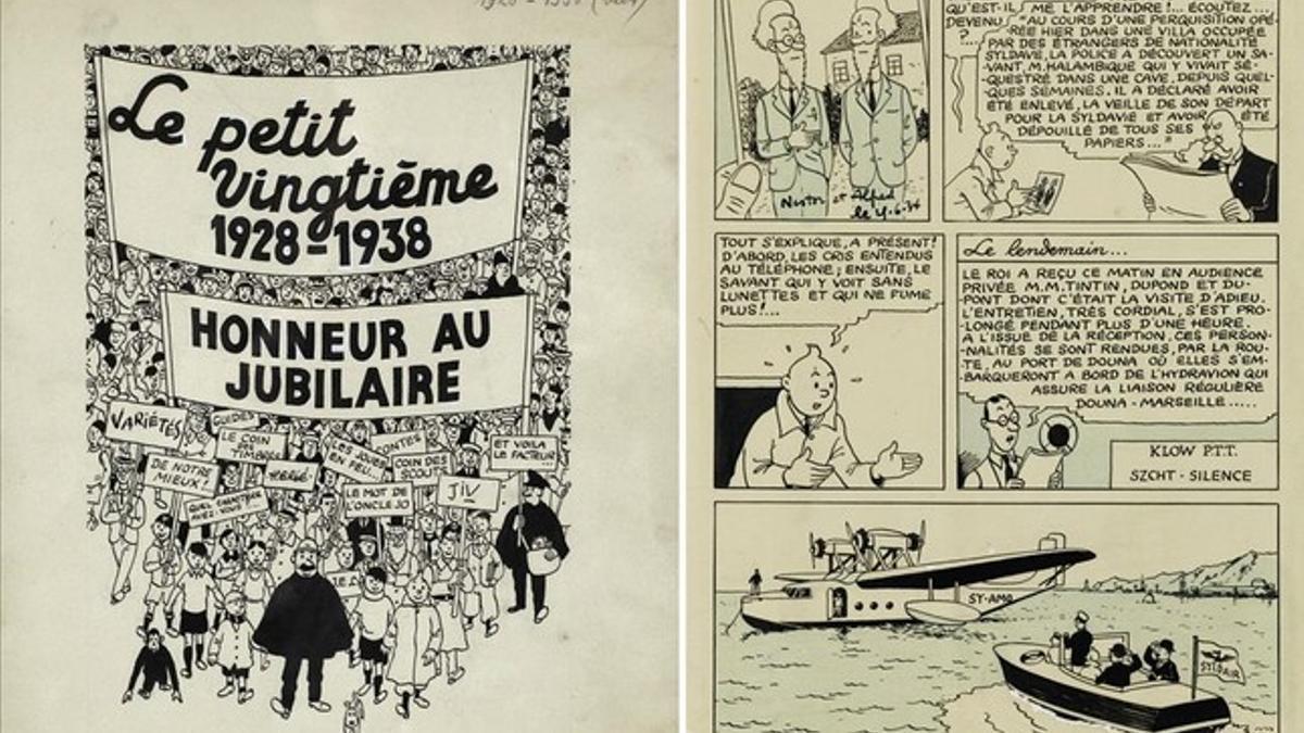 Portada del suplemento juvenil 'Le petit vingtième' (izquierda) y página de 'El cetro de Ottokar' (derecha), subastadas este sábado en Sotheby's.