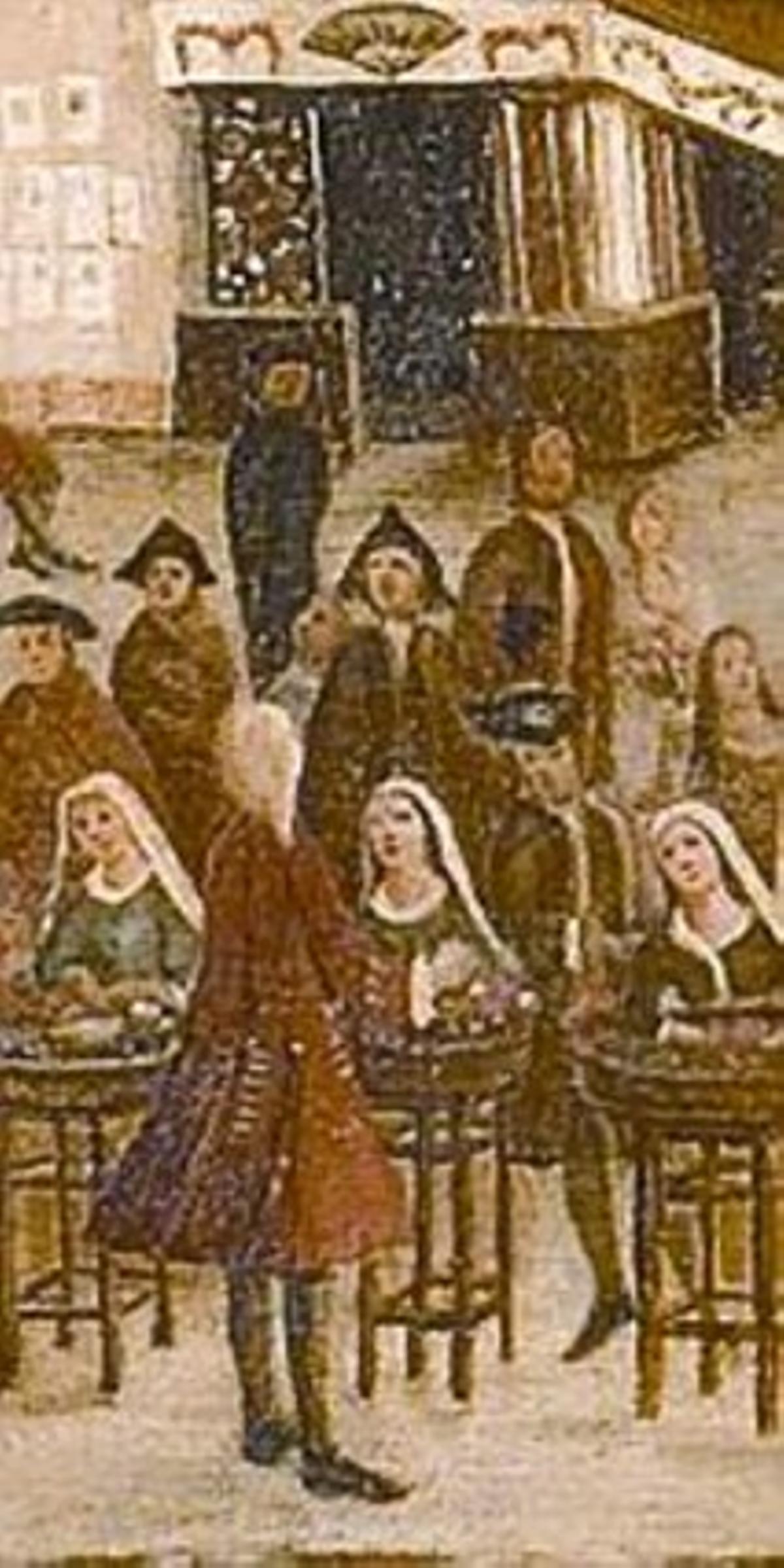 Fotografia d’un quadro anònim conservat al Museu d’Història de la Ciutat que mostra el mercat del Born de la Barcelona del 1775. A sota, diversos detalls del llenç. Fotografia d’un quadro anònim conservat al Museu d’Història de la Ciutat que mostra el mercat del Born de la Barcelona del 1775. A sota, diversos detalls del llenç.