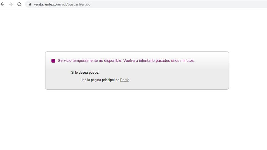 Fallo en la página web de Renfe