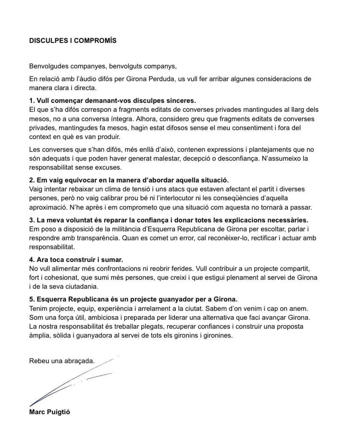 La carta que Puigtió ha fet arribar a la militància.